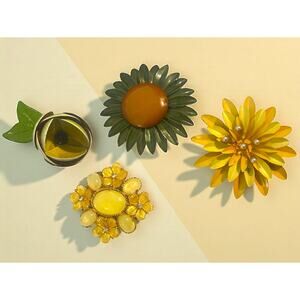 Vintage Floral Brooch Pin Set Yellow Green Flower Jewelry Retro Costume Jewelry